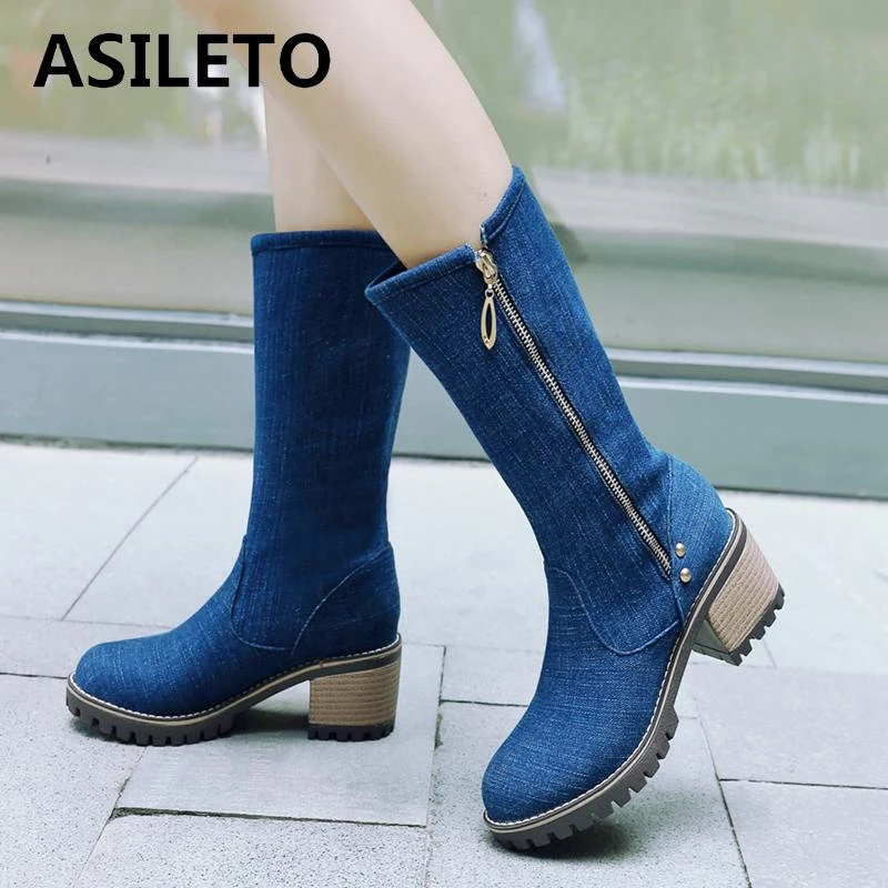 ASILETO Boots Women thick High Heels Spring Summer Shoes Mid-calf Blue Fabric Booties Western Cowboy Jeans Botas Mujer Big