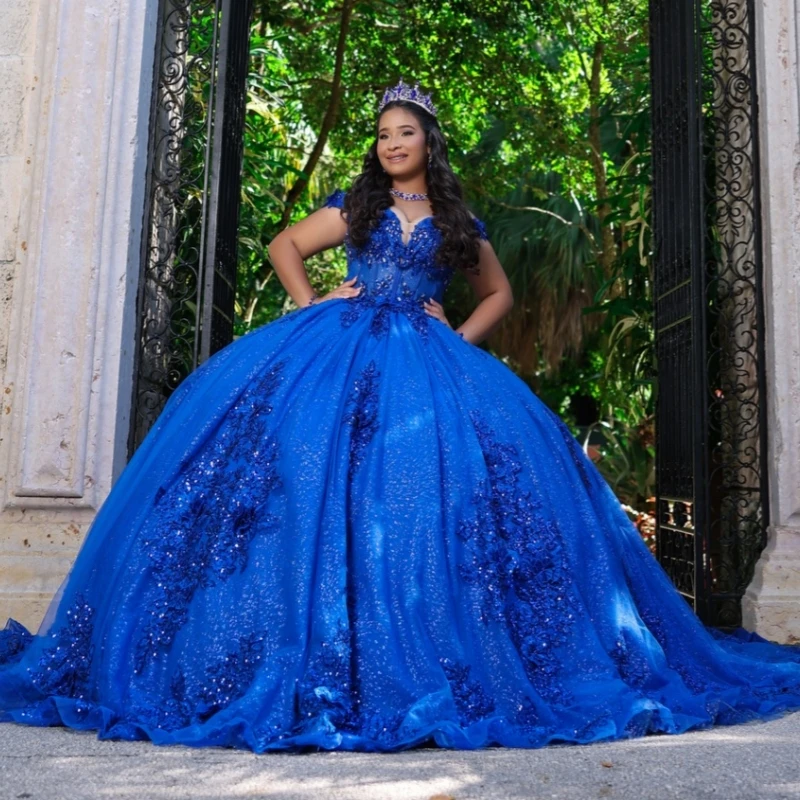 

Navy Blue Shiny Ball Gown Quinceanera Dresses 2026 Applique Lace Beading Crystal Tull Corset Off Shoulder Sweet 16 Dress Years