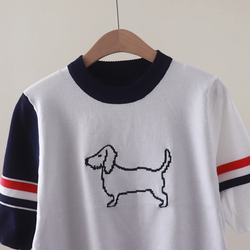 Summer new style college wind color round collars dog Jacquard double-sleeved ribbon head short-sleeved knitted T-shirt shirt