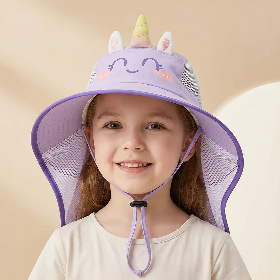 

3-10YChildren's Sun Protection Hat - Summer Lightweight Quick-Drying Cartoon Big Brim Girls' Beach Sun Protection Neck Cover