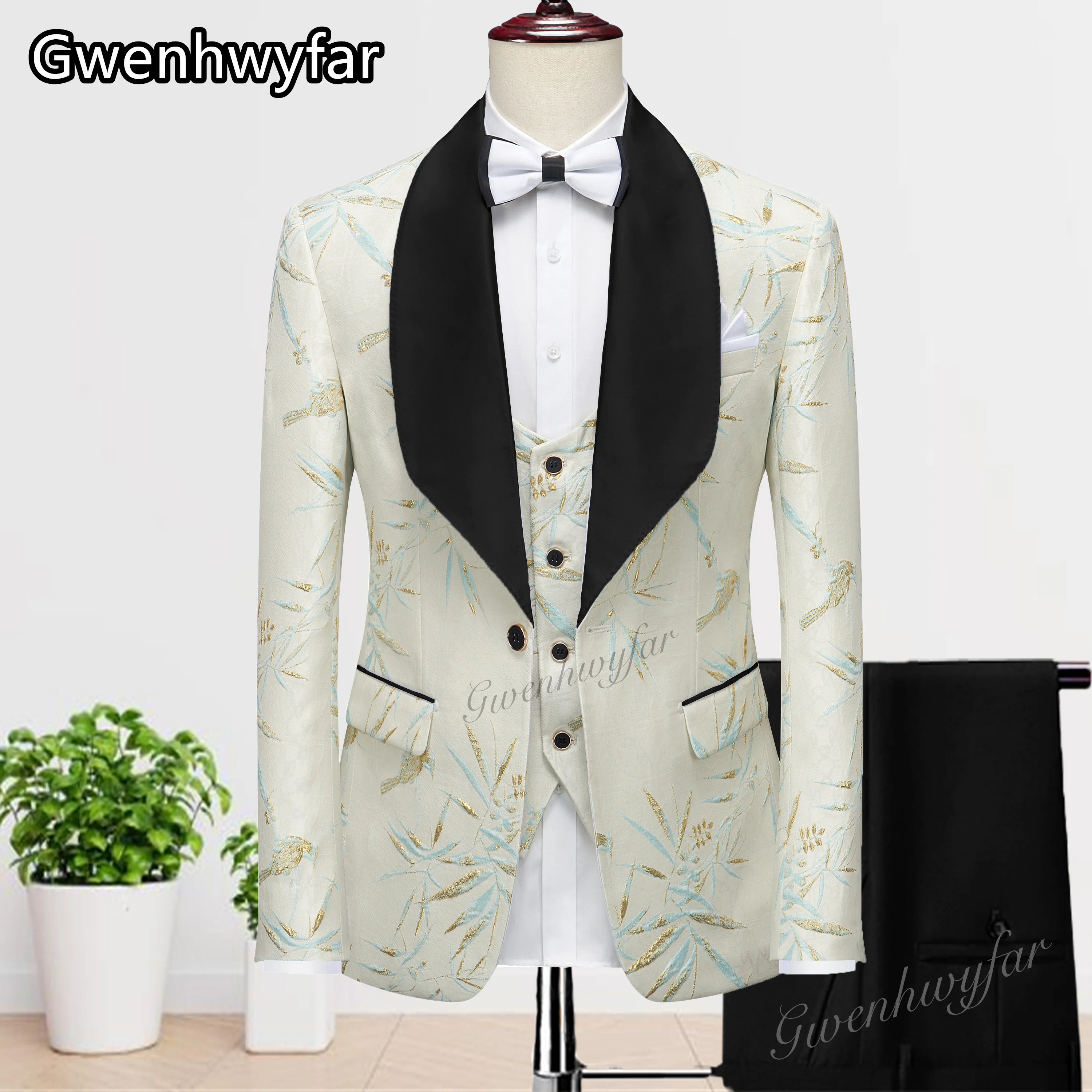 

Gwenhwyfar 2025 Luxury New Product Bamboo Leaf Pattern Black Lapel Men's Suit Wedding Dinner Groom Slim Fit Tuxedo
