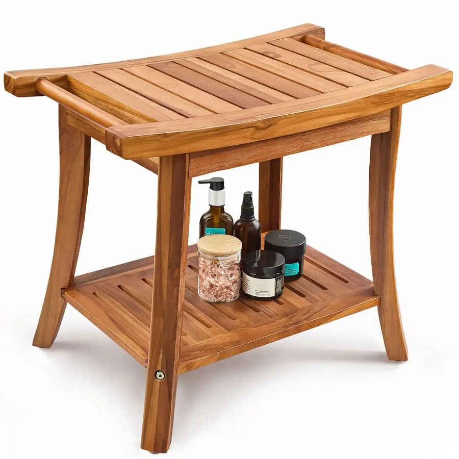 

22 Teak L Shower Bench Seat for Inside Shower 400Lbs Capacity Wooden Shower Bench with Shelf Bathroom Bench and Teak Shower Stoo