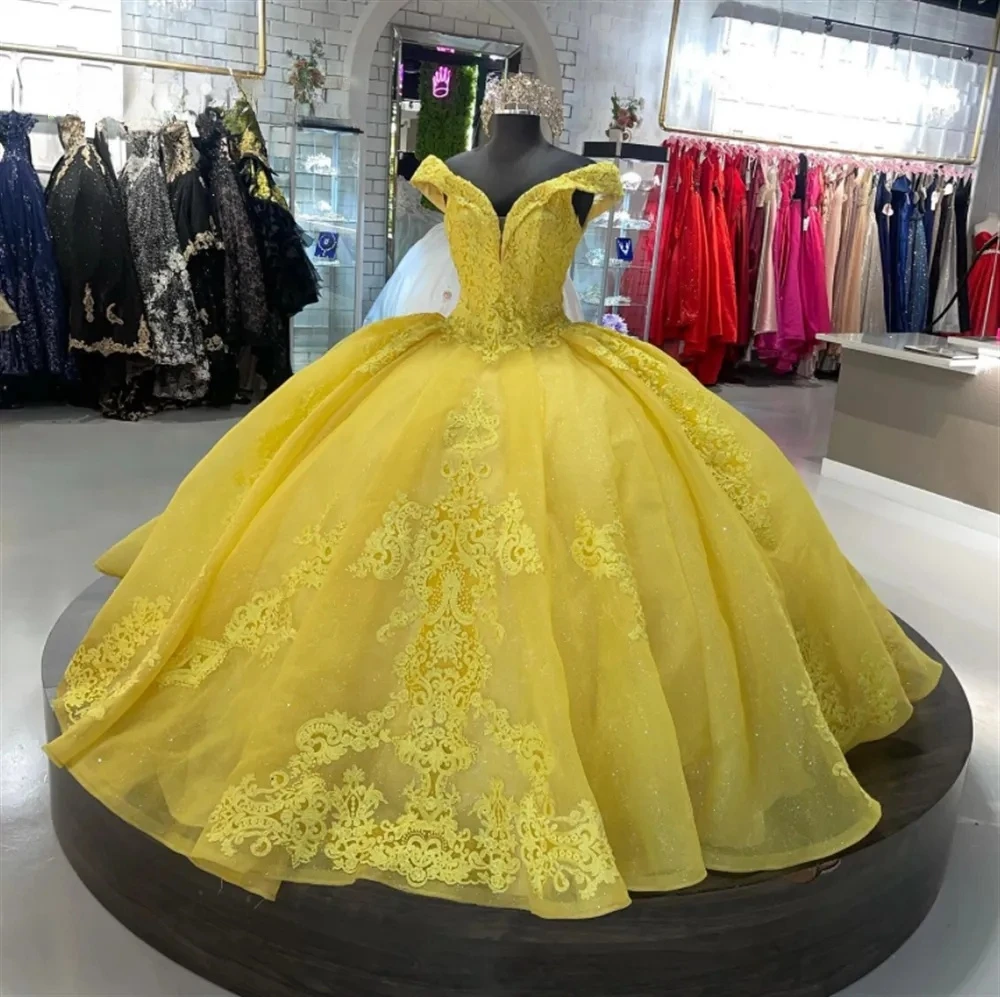 Yellow Princess Quinceanera Dresses Ball Gown Off The Shoulder Appliques Sweet 16 Dresses 15 Años Custom