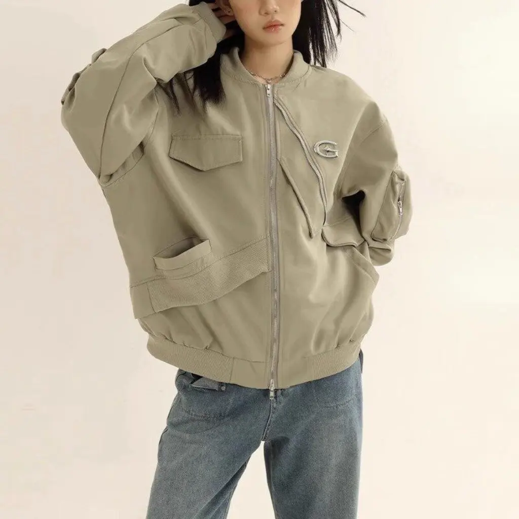 

Women's Retro Hong Kong Style Jacket Autumn New Flight Suit Baseball Uniform Workwear Couple Tops Niche Design Cotton