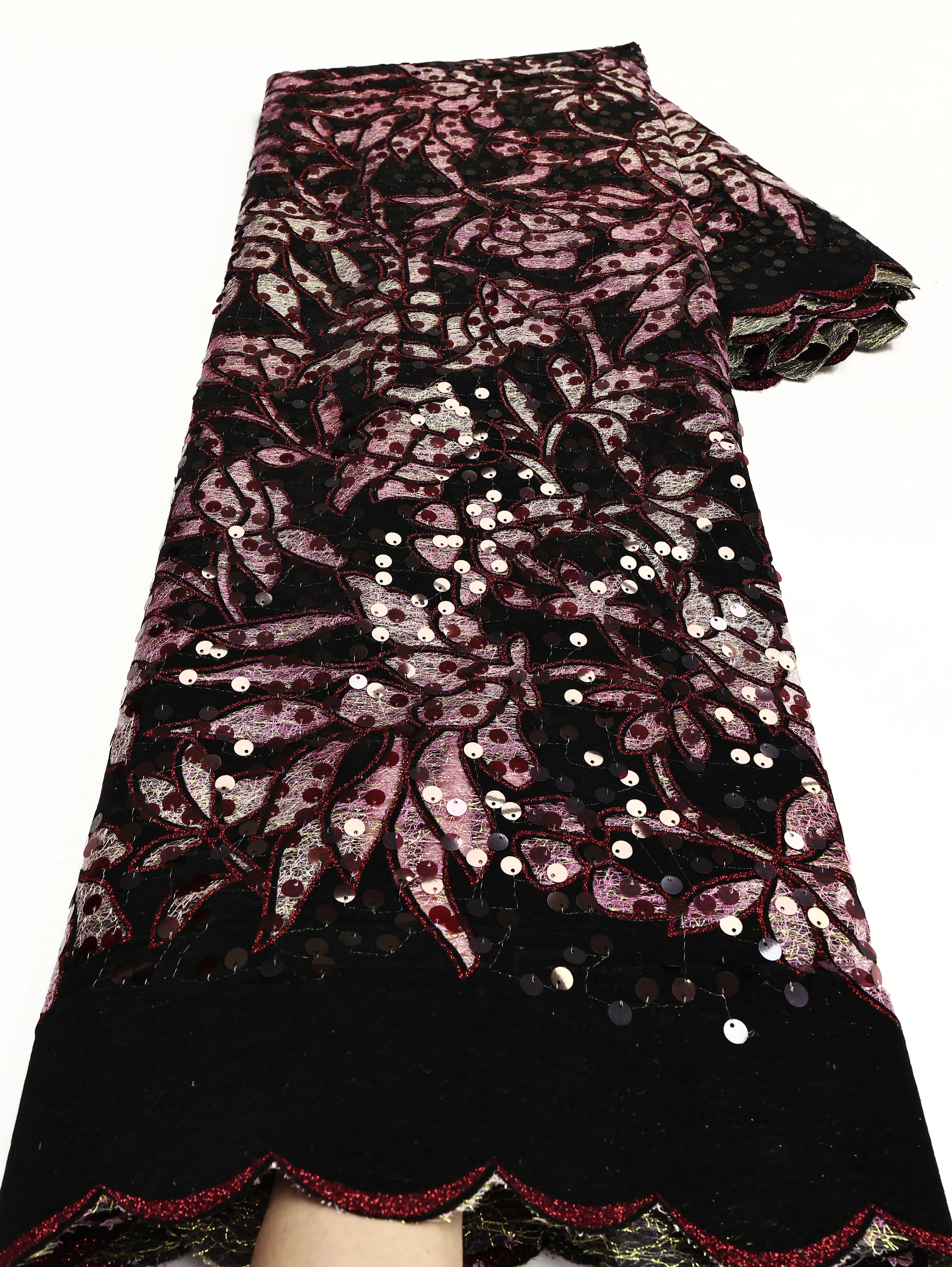 African Sequins Flocking Lace Fabric