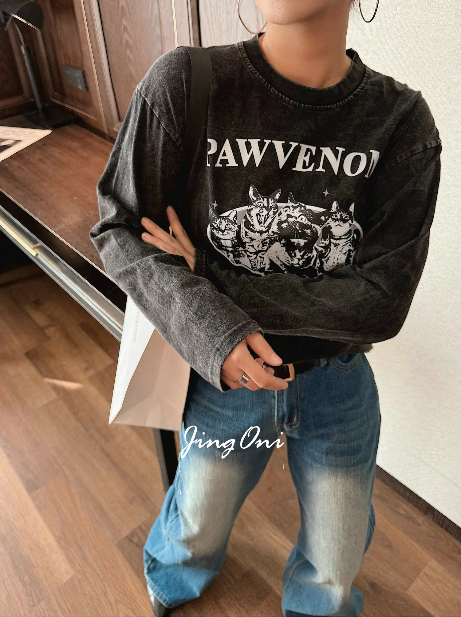 

JINGONI Women's Long Sve T-irt Loose Fit round Ne Printed Casual Faion Korean Hong Kong Sle Slimming Top