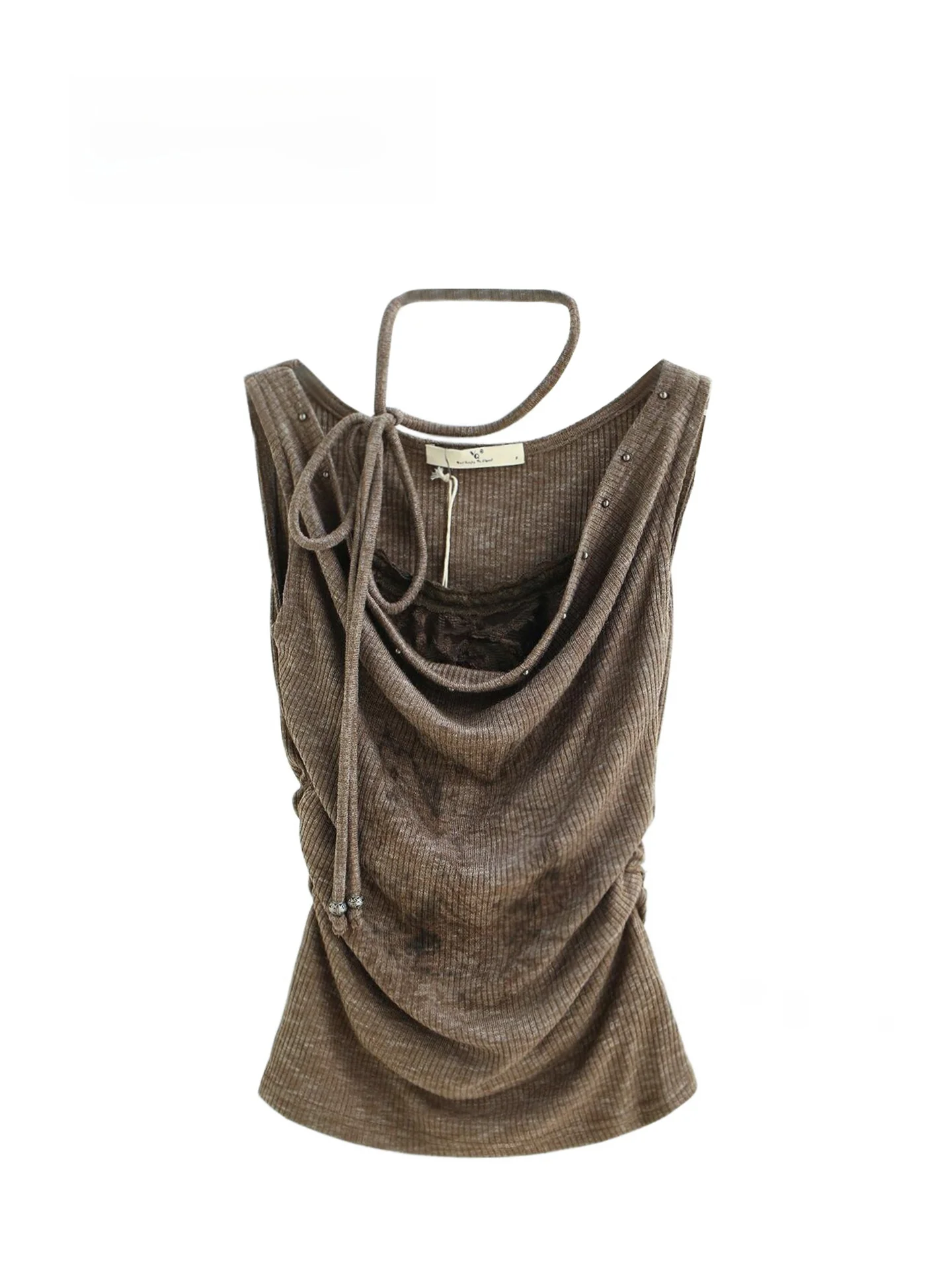 

Millennium Light Asia Style Printed Ruffle Necktie Vest Top Women's Commute Style Hollow out Short Length Pure Color