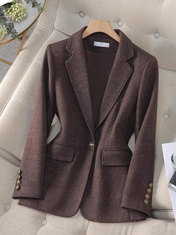 

Caramel Woolen Suit Jacket Women's Premium Autumn Winter Thickened Small Size Elegant Lady Style Short Western Suit
