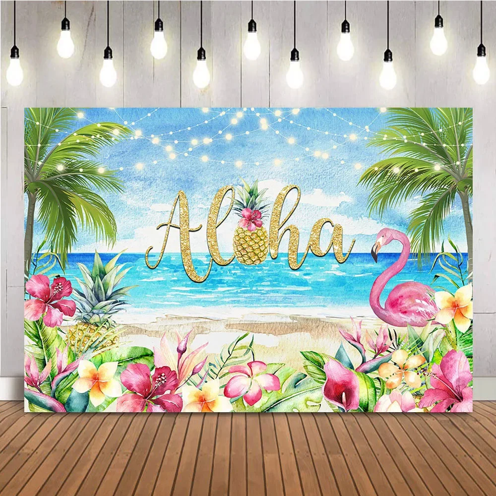 

Summer Beach Background Pink Flamingo Glitter Light Oil Painting Photo Backdrop for Photography Tropical Birthday Palm Tree Prop