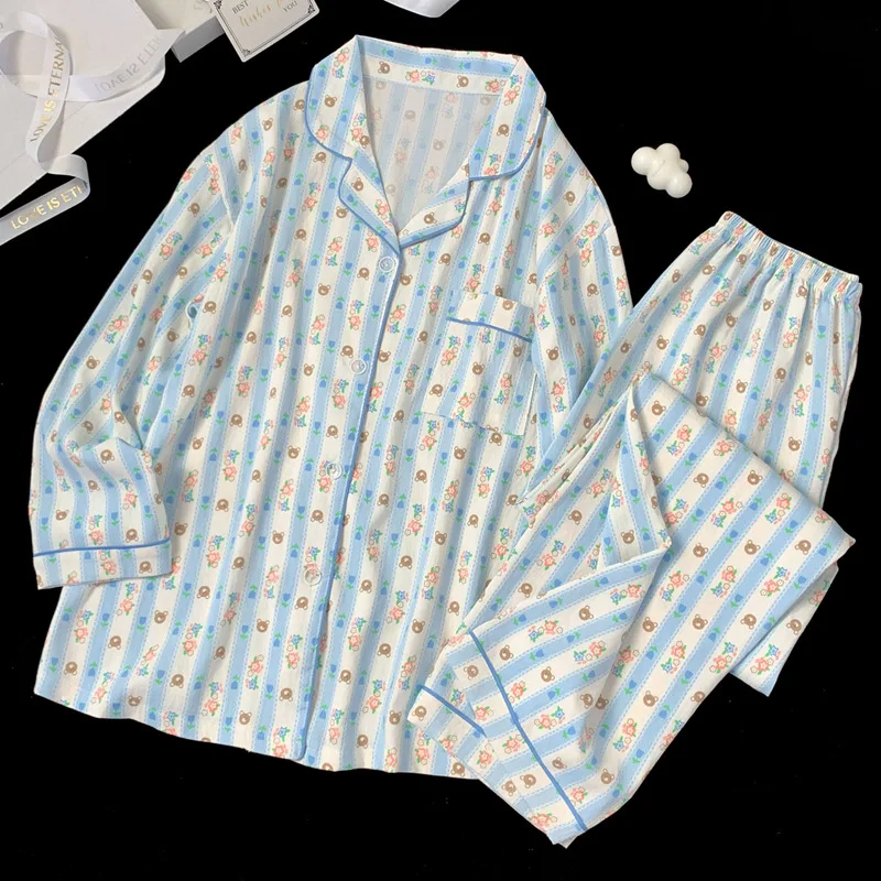 Autumn Ladies Two-Piece Pajamas Homewear Blue Striped New Cloud Cotton Pajamas Women Long-Sleeved Trousers Leisure Suit Homewear