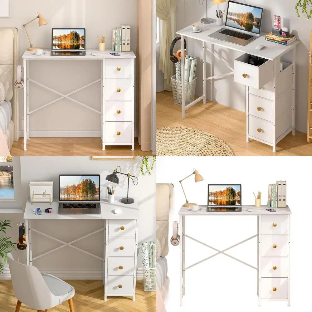 

Small White Desk with Drawers for Bedroom, 35.4 Inch Kids Girls Teens Student Writing Desk with Storage, Reversible Study Table,
