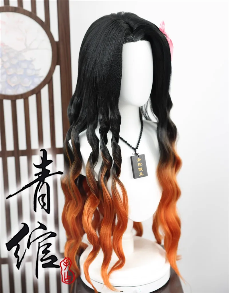 Styled Kamado Nezuko Cos Wigs Mixed Color Curly Long Cosplay Wig Anime Convention Party Show Christmas as Role Play Prop Gift