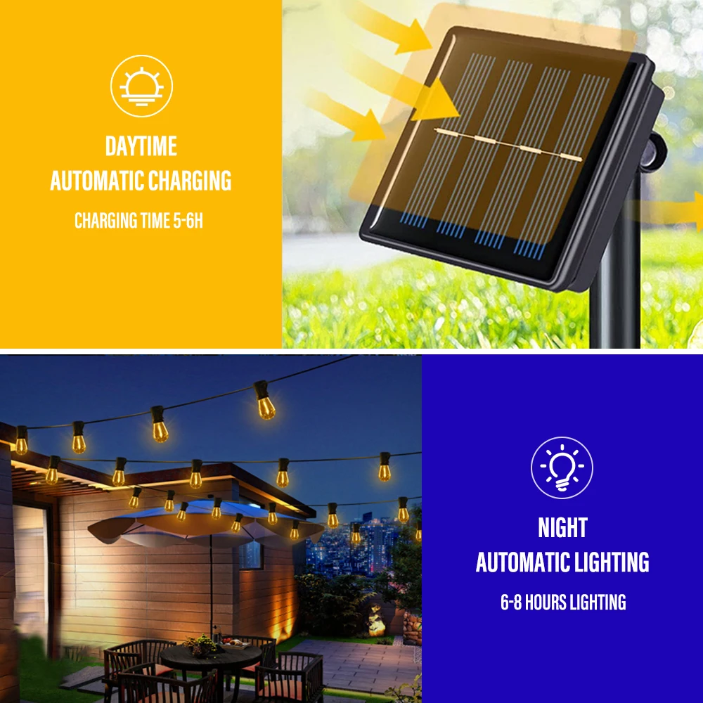 LED solar string lights IP65 waterproof outdoor Christmas decoration bulbs retro holiday wreath garden furniture fairy lights