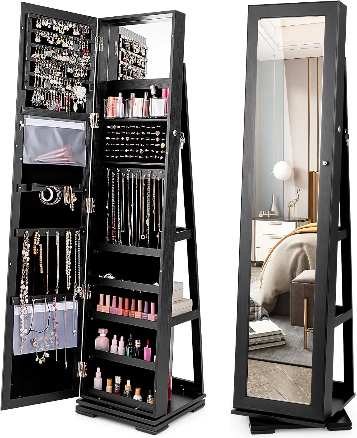 

360 Rotating Jewelry Armoire Cabinet, Standing Jewelry Organizer w/Full-Length Mirror & Large Storage Space, Lockable M