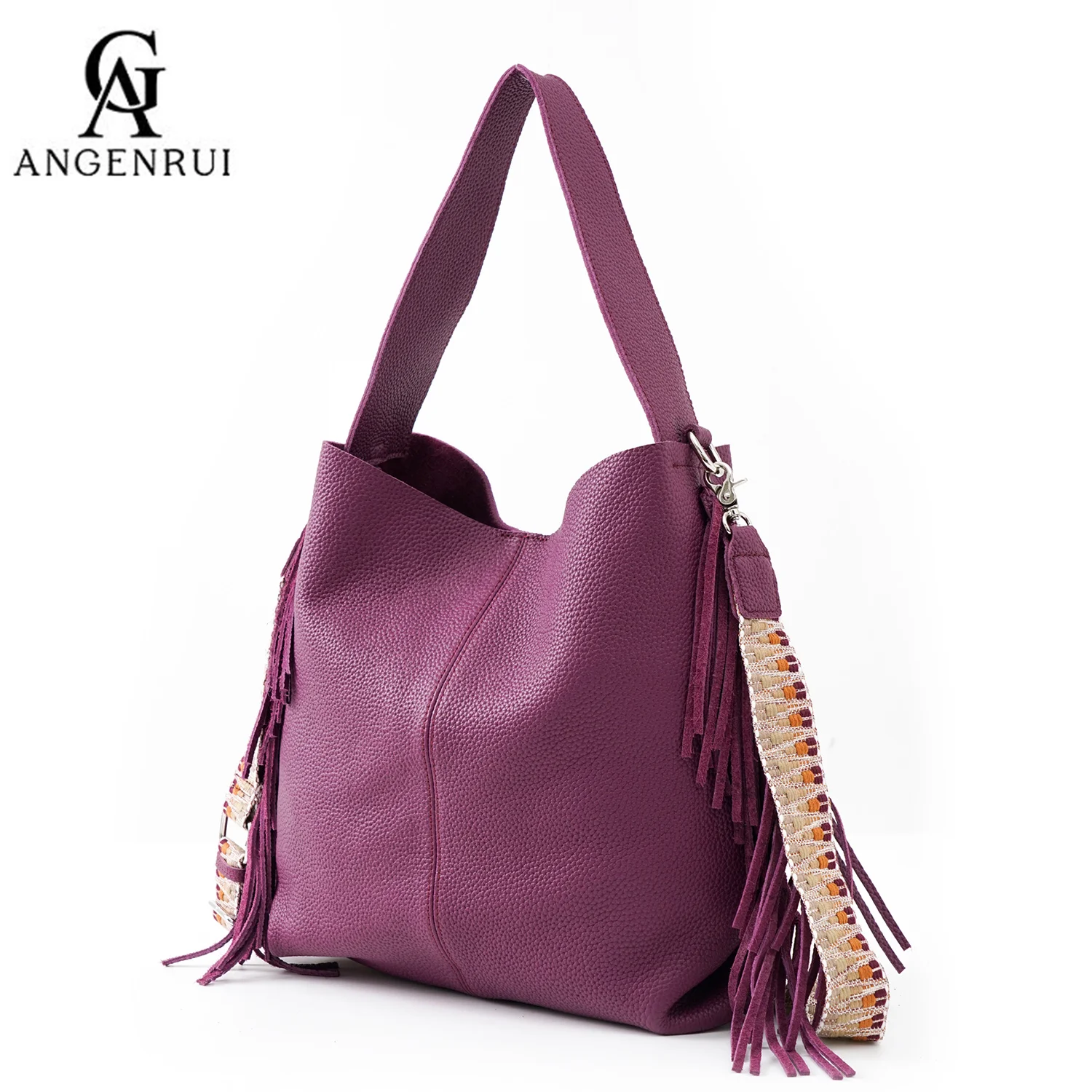 ANGENGRUI Brand Luxury Genuine Leather Women's Bag with Tassel Retro Design Casual Large Capacity Bucket Shoulder