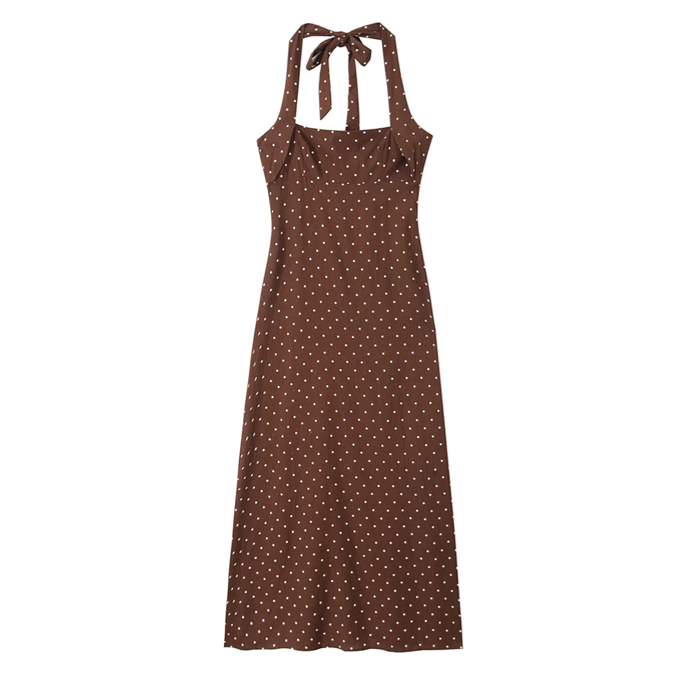 PB&ZA 2024 Summer New Women\'s Fashion and Elegance Slim Fit Versatile Blended Polka Dot Hanging Neck Midi Dress