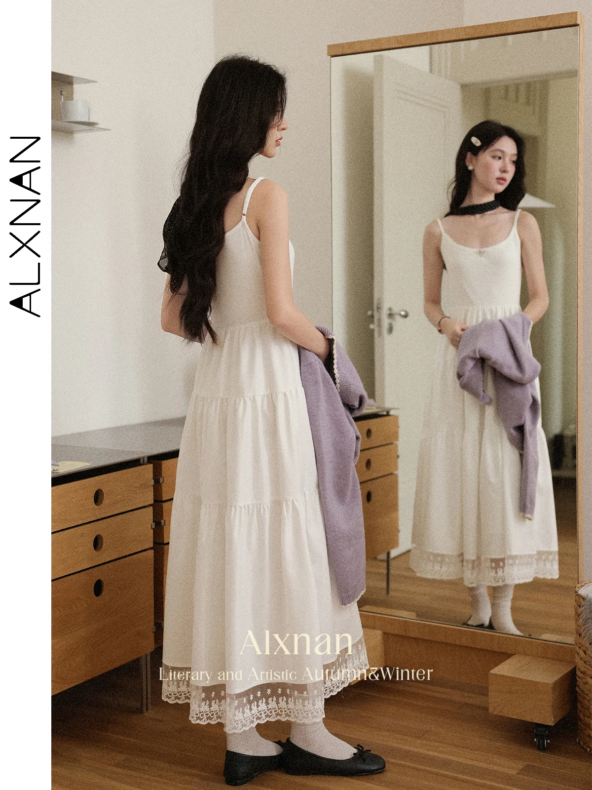 ALXNAN femmes robe sans manches blanc élégant dentelle Patchwork longue robe trapèze 2025 été coréen populaire vêtements femme L56803