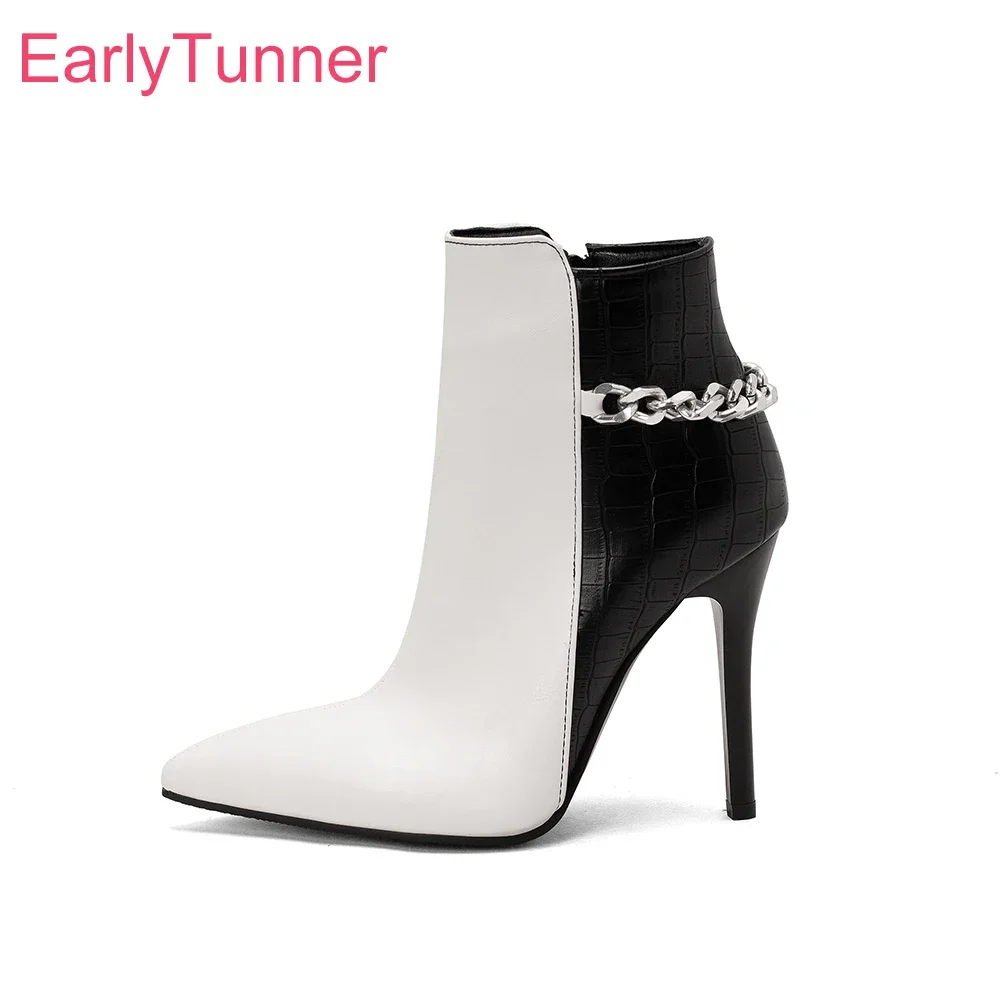 

Зимние классические белые, черные женские ботильоны, пикантные женские туфли на высоком тонком каблуке с острым носком, большие размеры 12, 43 45, 48