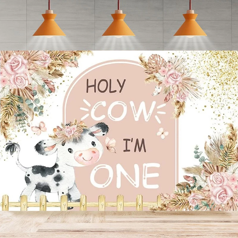 Holy Cow I'm One Photography Backdrop Girl Boho Pink Floral Pampas Butterfly 1st Birthday Background Party Backdrop Wall Banner