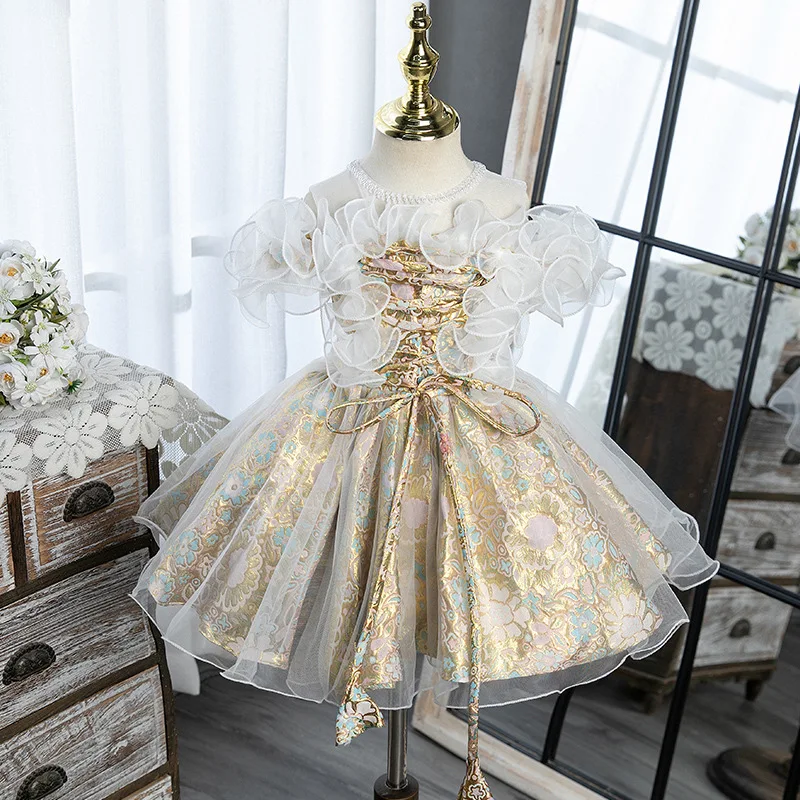 

Girl Princess Dress Round Neck Mesh Pearl Decorative Border Crossed Frenulum Back Zipper Birthday Dress For Childrens