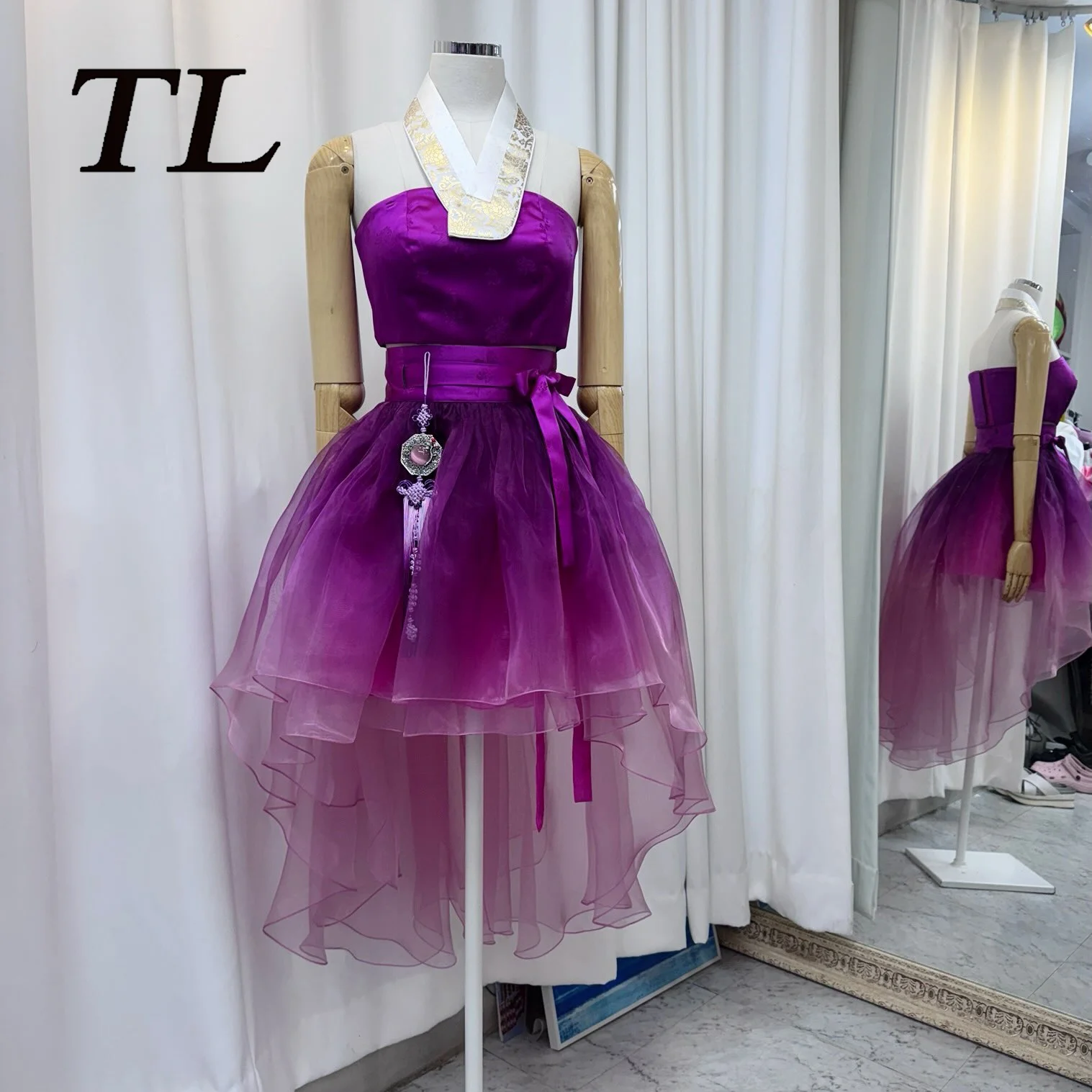 TL Customized 2027 Modern Hanbok Evening Dress Purple Gradient Halter Top High Low Organza Skirt Prom Gowns Photo Shoot