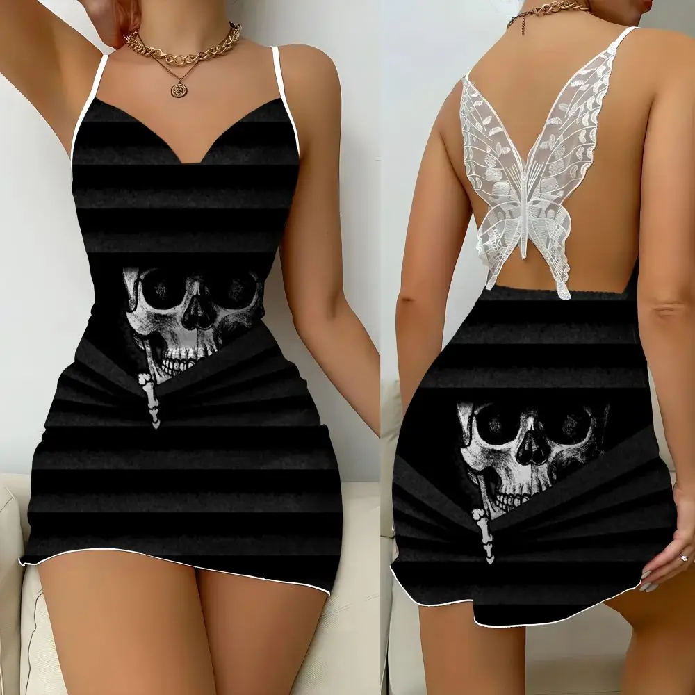 2024 Skull Horror Backless Dress Silk Face Party Dress Halloween Pumpkin Series Printed butterfly decorated lazy pyjamas sheath