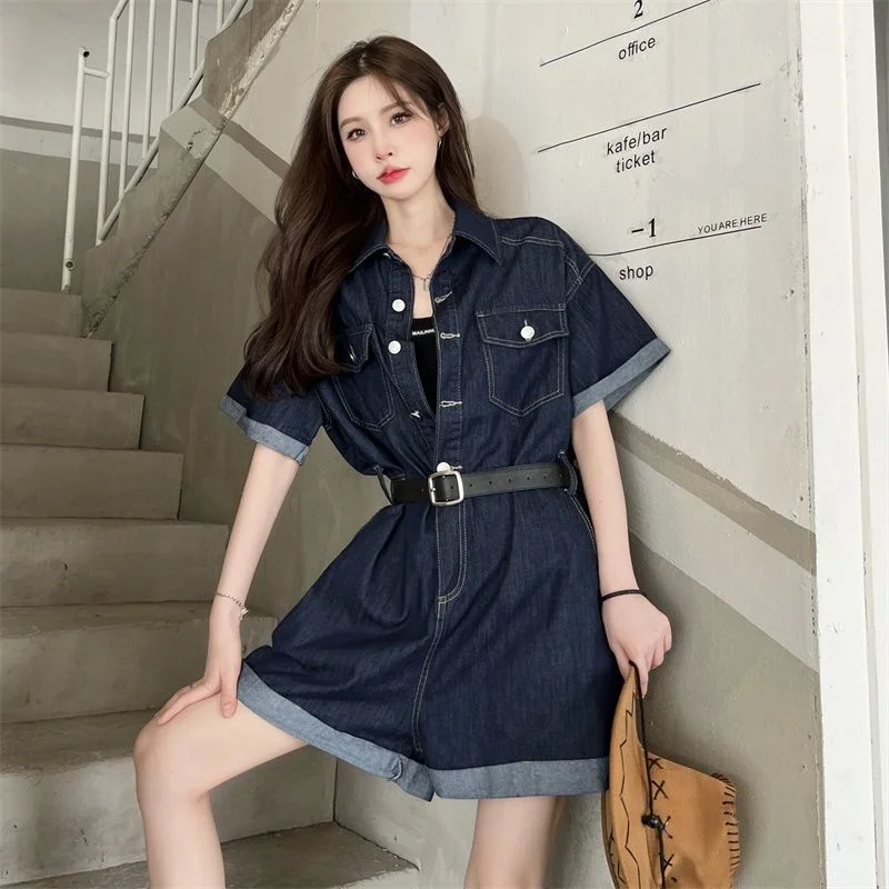 Blue Denim Short Sleeve Rompers Summer 2023 New Loose-fitting Temperament Retro Wash Waist Women's Casual Shorts Solid Color Z66