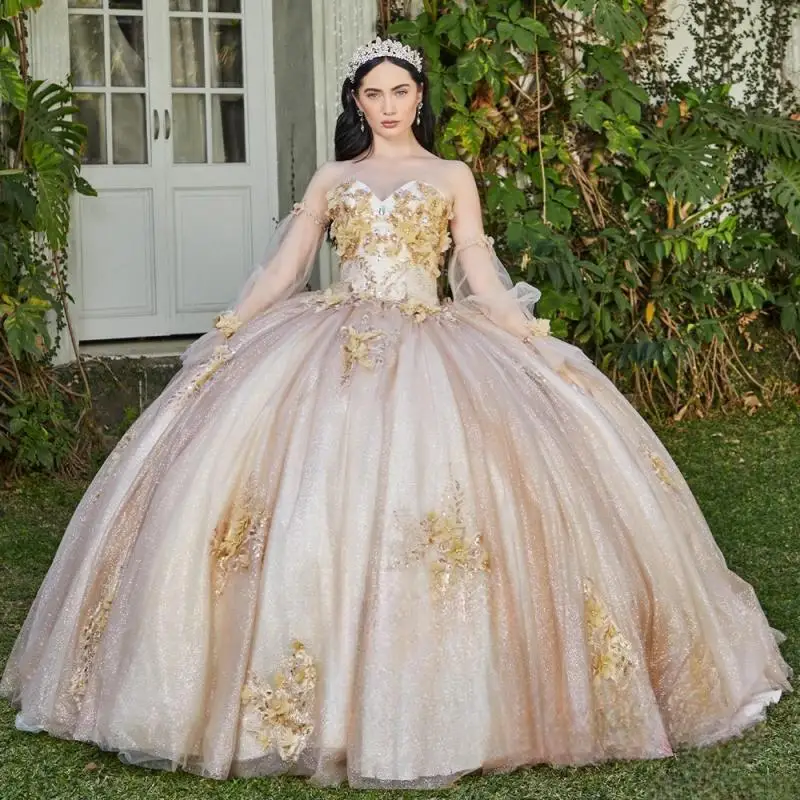 

Гламурные платья Quinceanera без бретелек для девочек с пышными рукавами и аппликациями, блестящее бальное платье Vestidos De 15 Anos по индивидуальному заказу