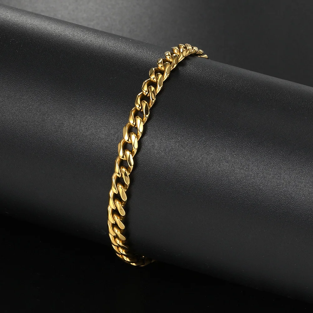 Gold Color Stainless Steel Bracelet For Men Hip Hop Jewelry Simple 5MM Miami Cuban Chain Chunky Hand Chain Gift Wholesale KAH017