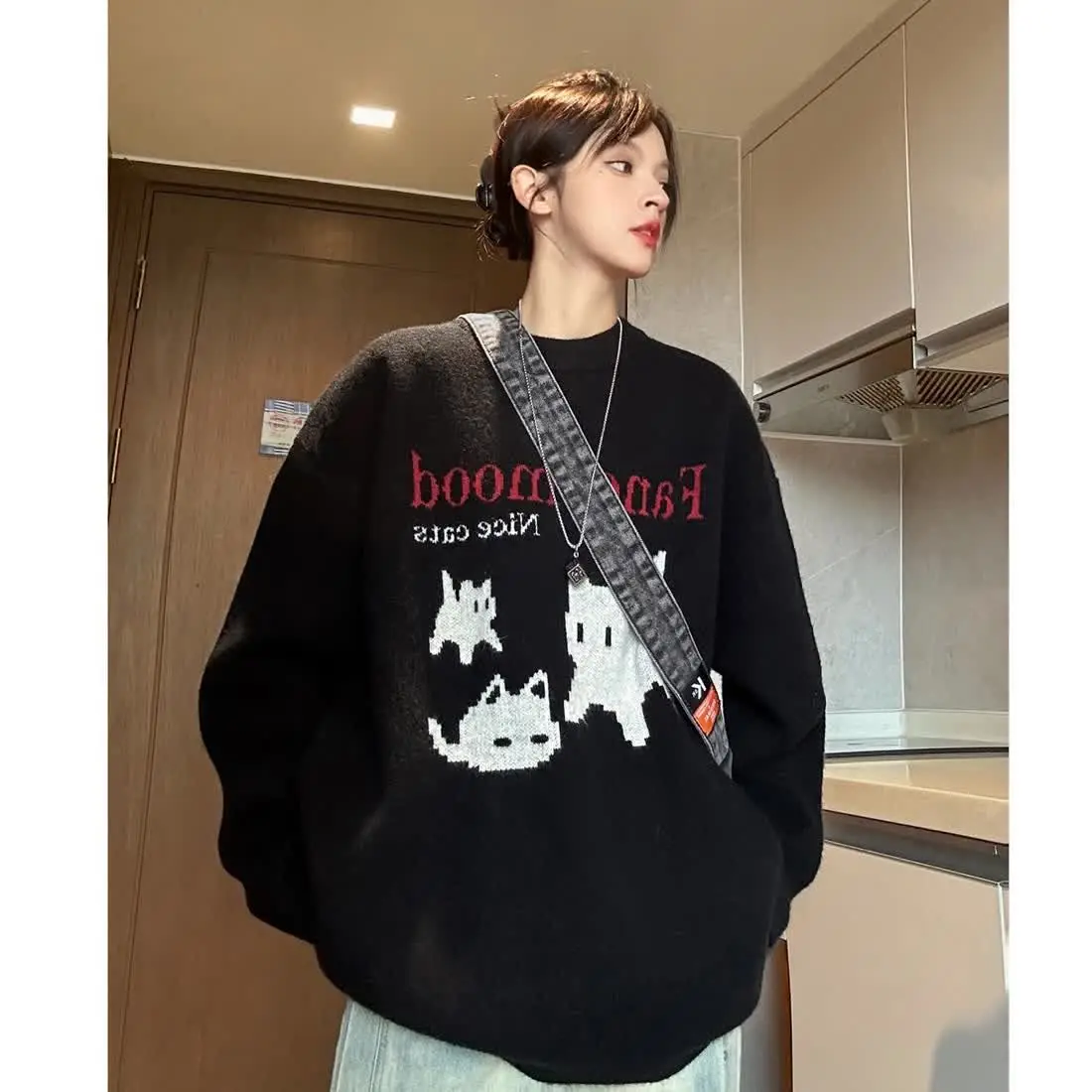 Cute Black Cat Punk Goth Embroidery Sweater for Men O-neck Loose 2XL Winter Jersey Jumper Harajuku Couples Anime Kawaii Pullover