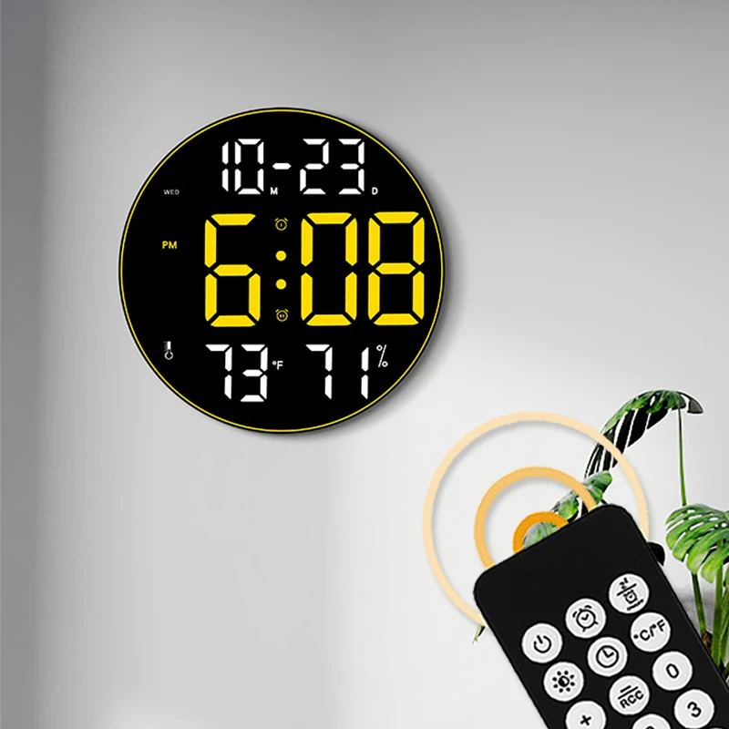 

Colorful LED Digital Wall Clock with Temperature Humidity Date Time Week Display Remote Control Tabletop Electronic Alarm Clock