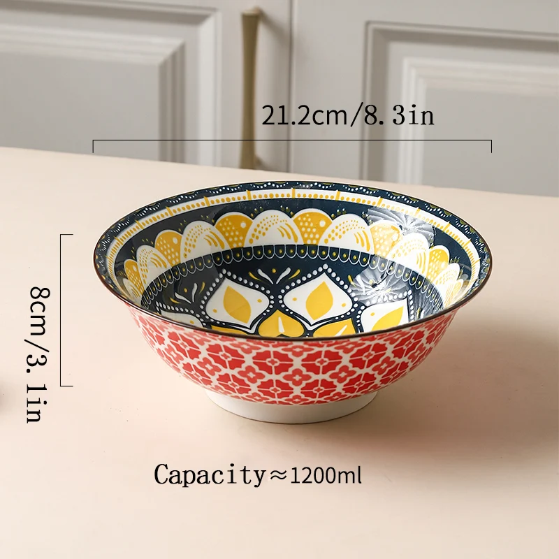 مجموعة أوعية حساء سيراميك بوهيمية مكونة من 4 قطع، آمنة للاستخدام في الميكروويف وغسالة الأطباق مقاس 8 بوصات، وعاء سلطة معكرونة رامين