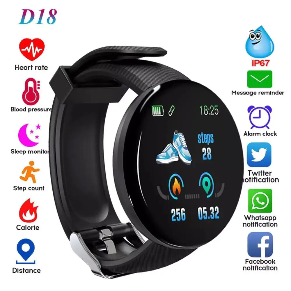 

D18 Pro Smart Watch USB Charging Bluetooth Messages Reminder Sports Heart Rate Monitor Fashion Bracelet of Men for Android IOS