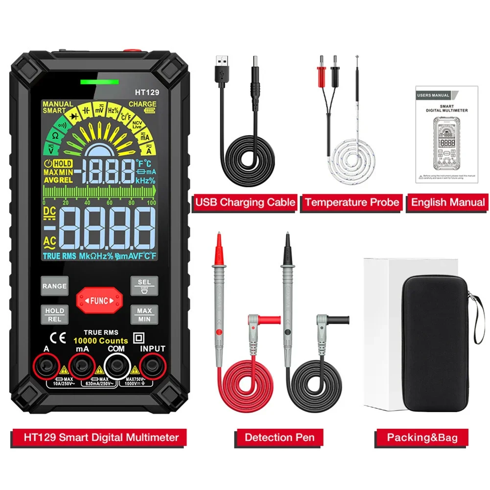 HT129 Digitalmultimeter Auto Range True RMS AC DC Spannungsprüfer 10.000 Stück mit berührungsloser Spannungserkennung