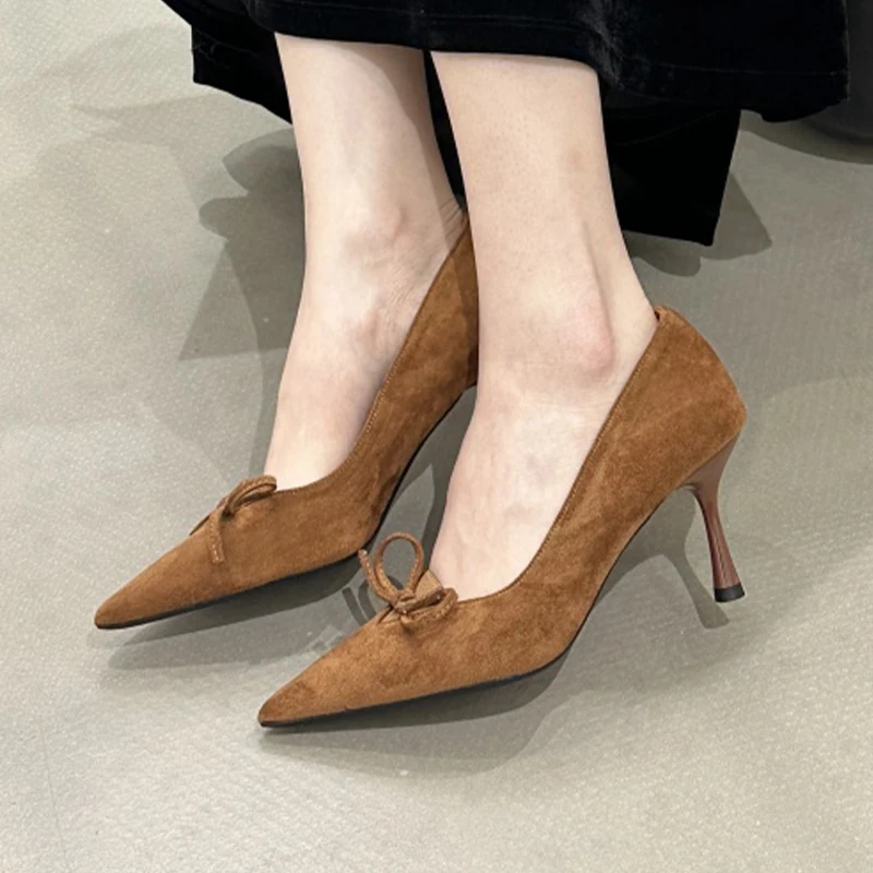 

Bow Women High Heels Shoes Suede Pointed Toe Dress Pumps Shallow Fashion Shoes 2025 Autumn Luxury Designer Sexy Chaussure Femme