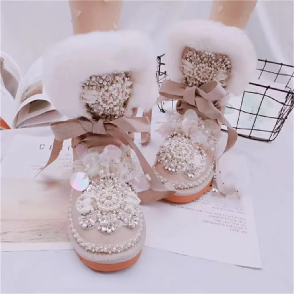 Rex Rabbit hair beaded sequins Russo pearl rhinestone gemstone strap snow boots handmade custom fur one thick cotton shoes 35-40