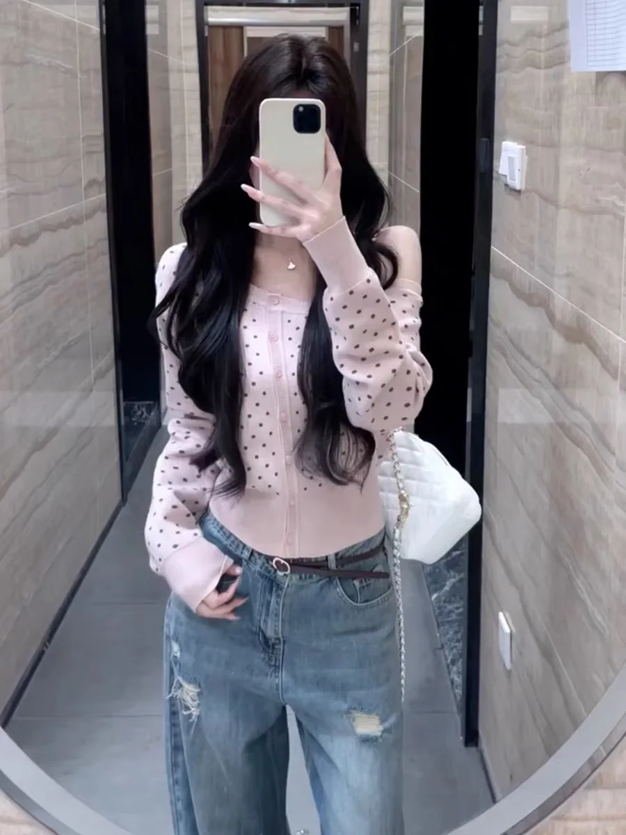 Shoulder Bared Sweet And Spicy Pink Long Sleeve Knitted Open Cardigan Women's Early Autumn 2025 New Korean Style Sweater Jack...