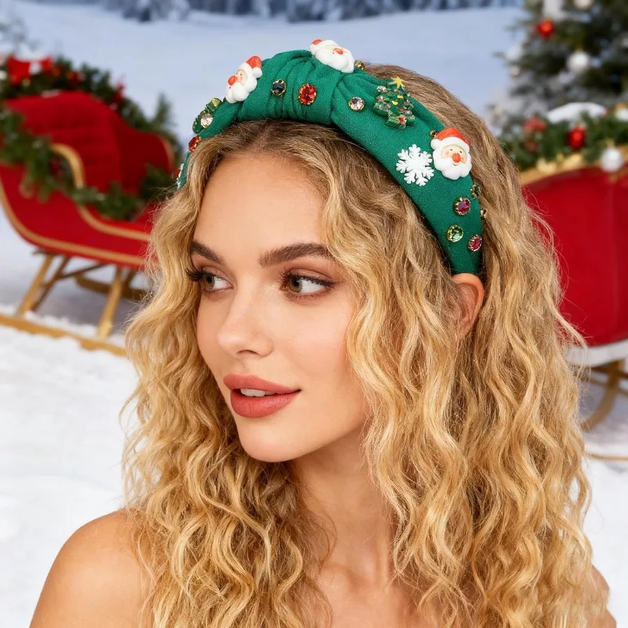 عقال عيد الميلاد للنساء معقود عقال مرصع بالجواهر شجرة عيد الميلاد سانتا كلوز ومرصع بالجواهر معقود واسعة عطلة الشعر اكسسوارات #2