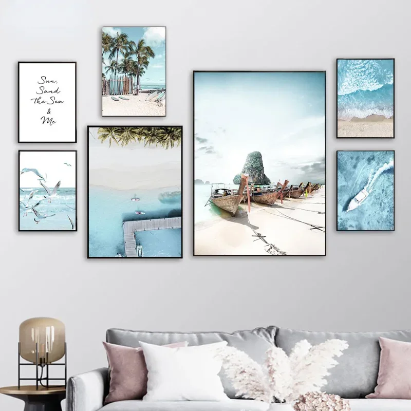 

Nordic Summer Blue Ocean Beach Canvas Poster Seagull Palm Tree Speedboat Art Painting Home Living Room Wall Picture Decoration