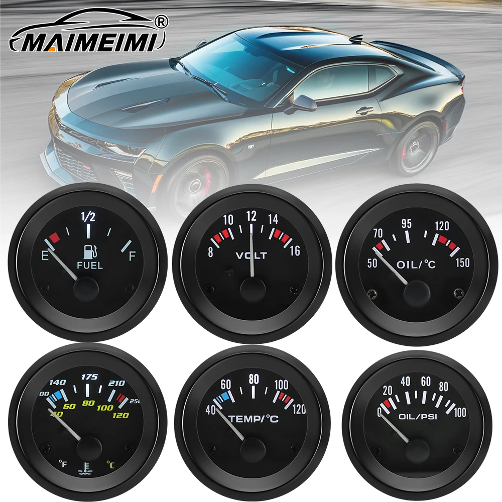 

12V Automobile Car 2" 52mm Water Temp/Oil Temp/Oil Press/Volt/Fuel Level Gauge White LED Light Black Shell with Bracket Sensor