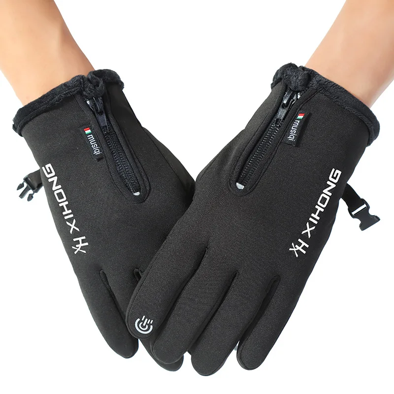 Winter Outdoor Riding Gloves Touch screen Zipper Sports Waterproof Wear resistant Suede Climbing Skiing Warm Gloves