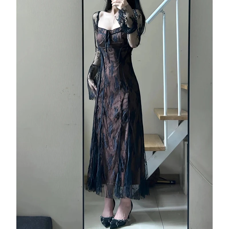 Robe française Vintage à manches évasées pour femmes, col carré, maille, Sexy, transparente, Slim, dentelle, Jacquard, robes de soirée