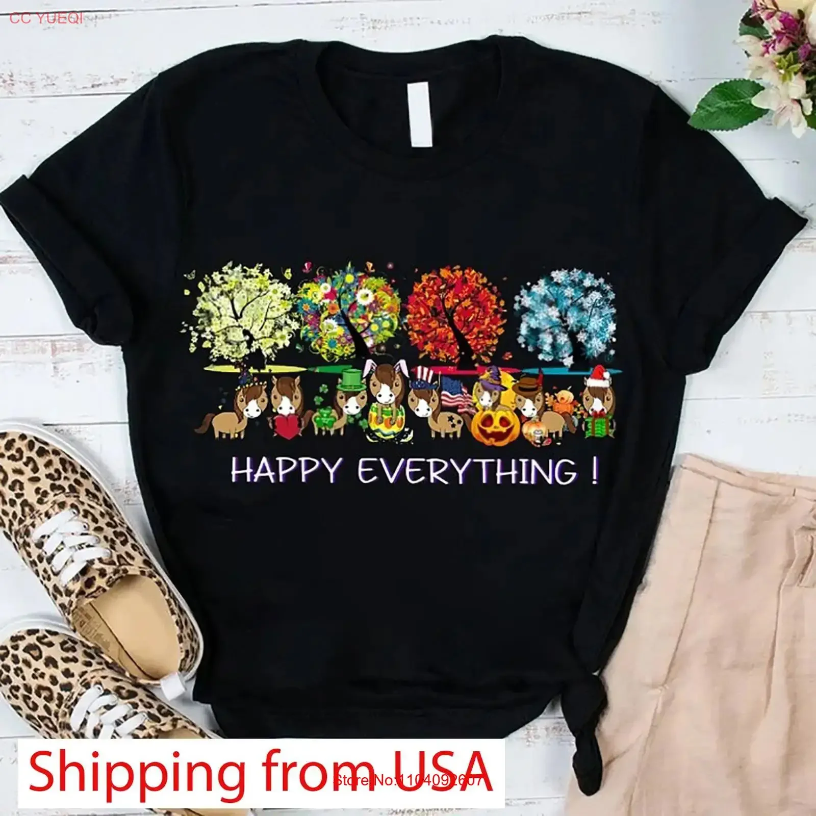 Horse Happy Everything T Shirt Valentine Easter Independence Halloween Thanksg vintage Washed homme streetwear