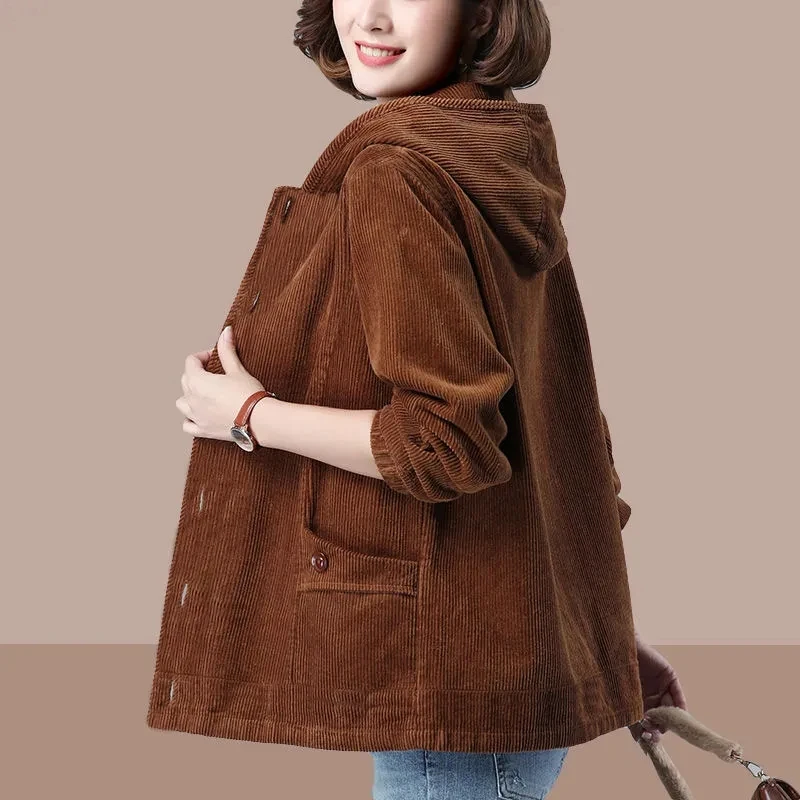 2023 Velvet Thick Korean Simple Loose And Thin Top Women Spring Autumn And Winter New Corduroy Jacket Women\'s Basic coat Hooded