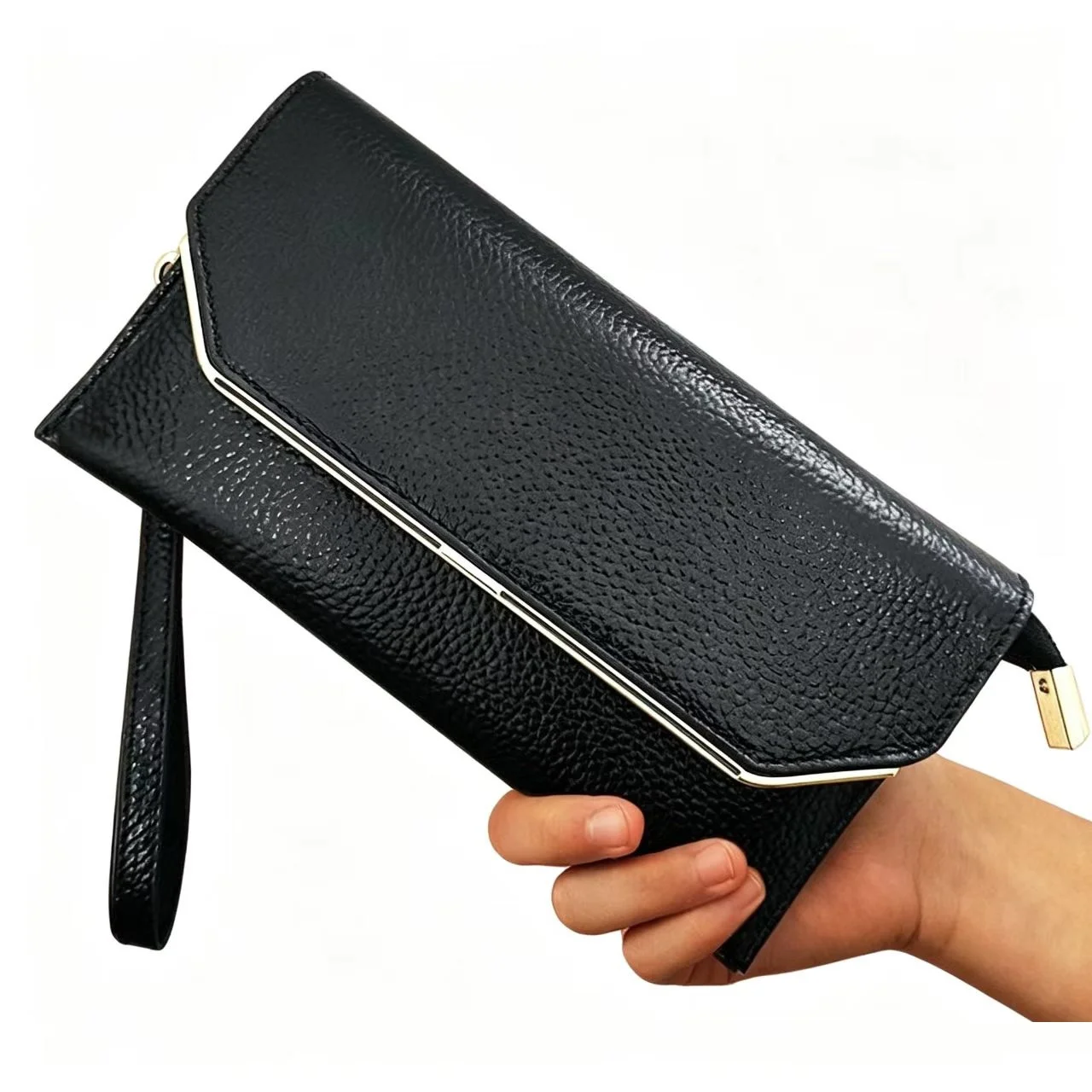 black-genuine-leather-long-clutch-wallet-women-envelope-wristlet-cowhide-purse-muti-card-holder-phone-bag-with-hand-strap