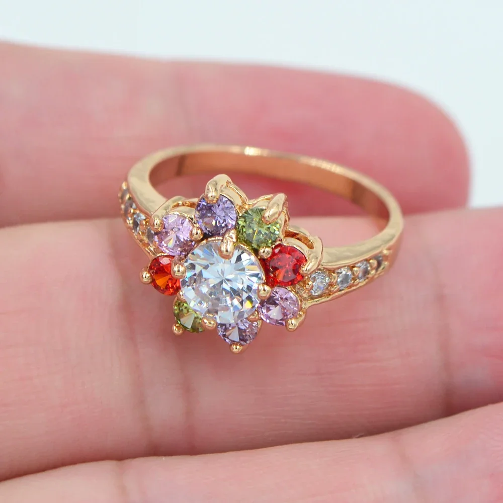 Fashion Gold Color Multicolor Zircon CZ Sunflower Engagement Ring for Women