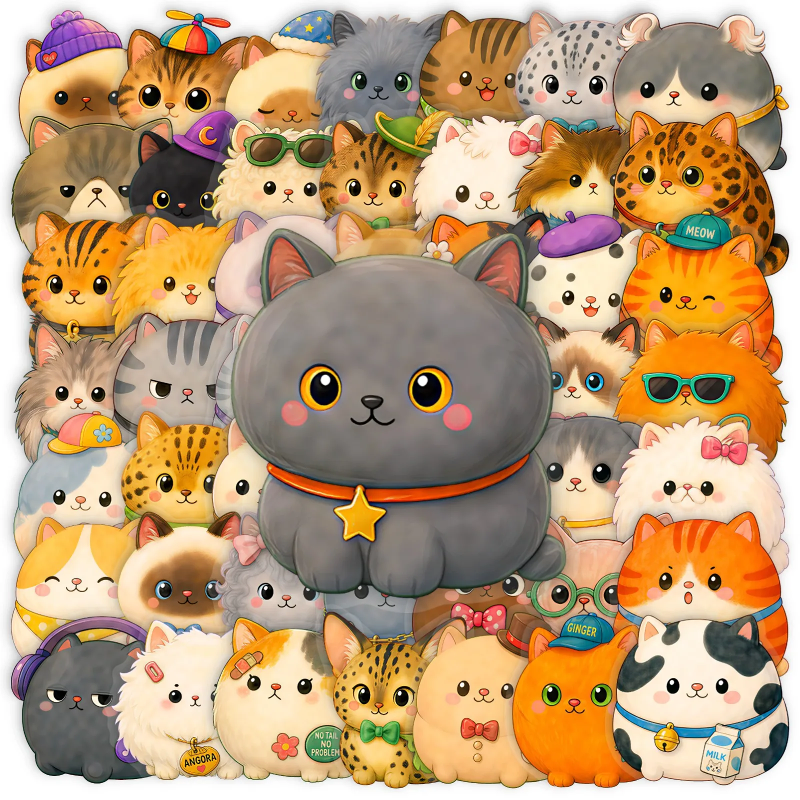 50 autocollants mignons ronds en PET pour chat, imperméables, pour bouteille d'eau, ordinateur portable, coque de téléphone, journal, cadeau