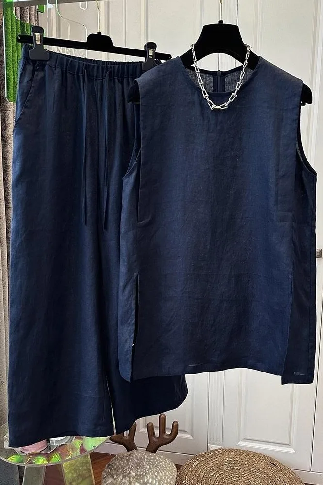 SuperAen 2025 Summer New Thin Navy Blue Sleeveless Pullover Vest Temperament Simple Loose Wide-leg Pants Fashion Two Pieces Sets