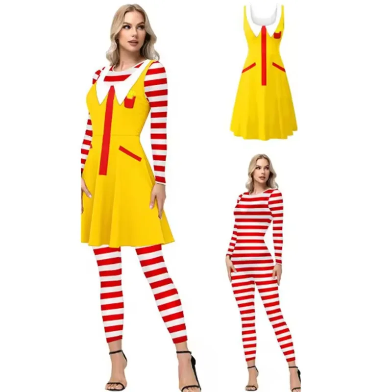 Karneval-Cosplay-Kostüm Clown Gestreifter Bedruckter Langarm-Jumpsuit Halloween-Themenparty Rollenspiel-Outfit für Erwachsene Frauen