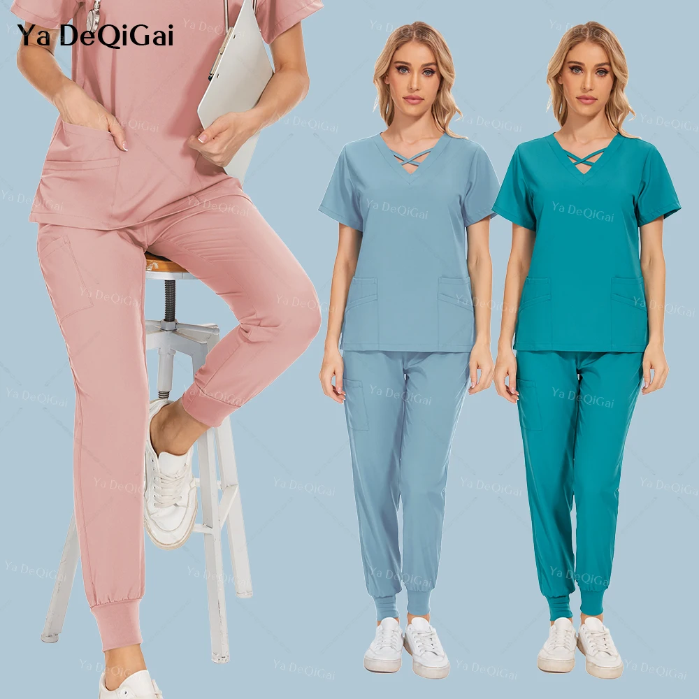 

Medical Uniforms Stretch Scrub Top With Pocket Jogger Pants Clinical Nurse Uniform Doctor Surgery Overalls Beauty Salon Workwear